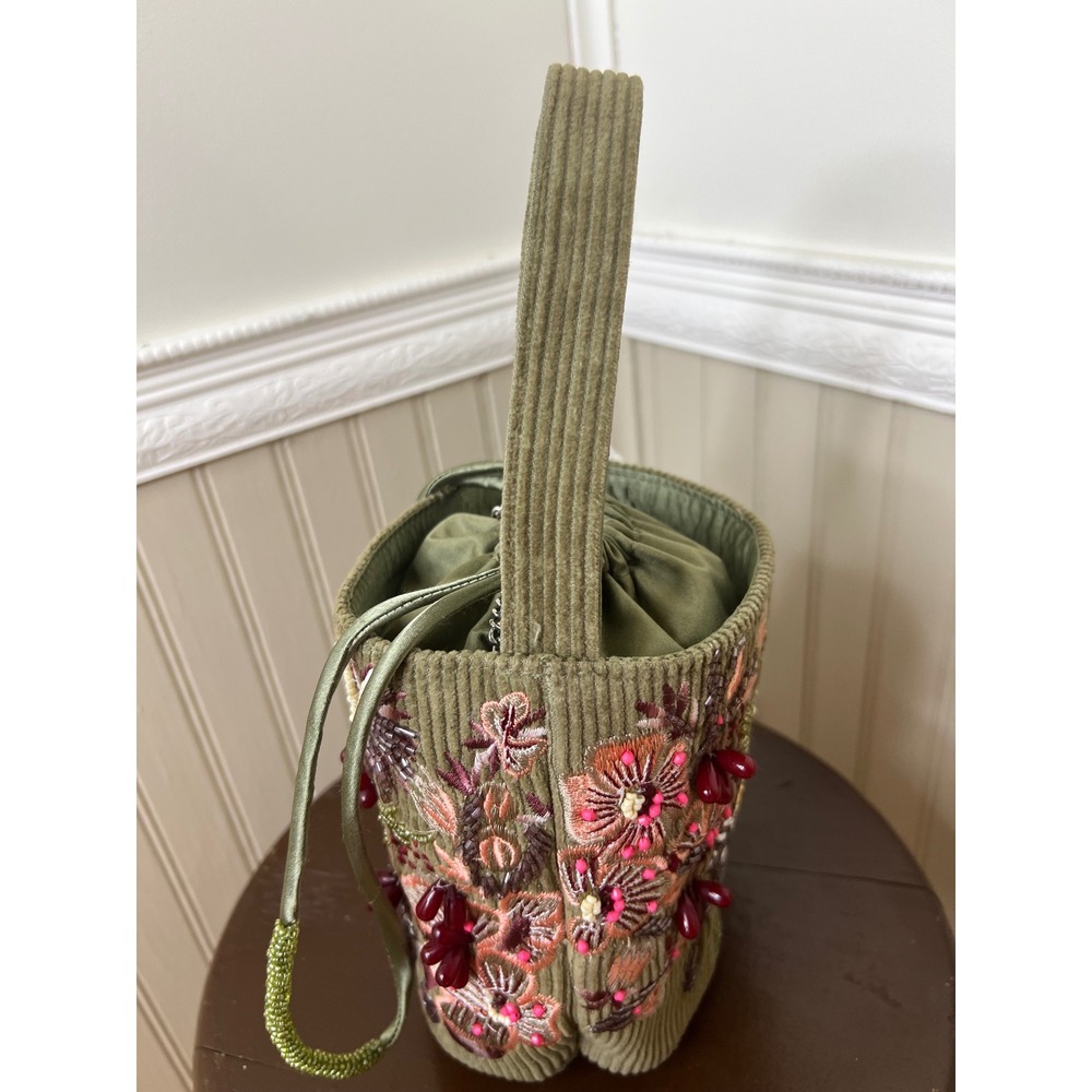 Handmade Beaded Corduroy Floral Bucket Bag Olive Green Drawstring India New - Picture 10 of 10